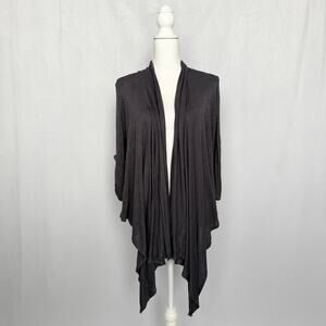 Draped Open Front Knit Cardigan Heathered Charcoal Crop Button Sleeves
